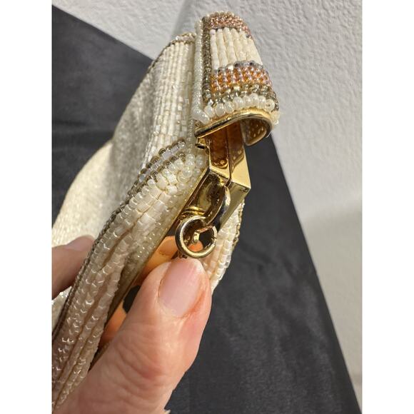 Vintage Art Deco Glass Beaded Purse Evening Clutch 1950s Delill Gold Frame Cream - Picture 4 of 12